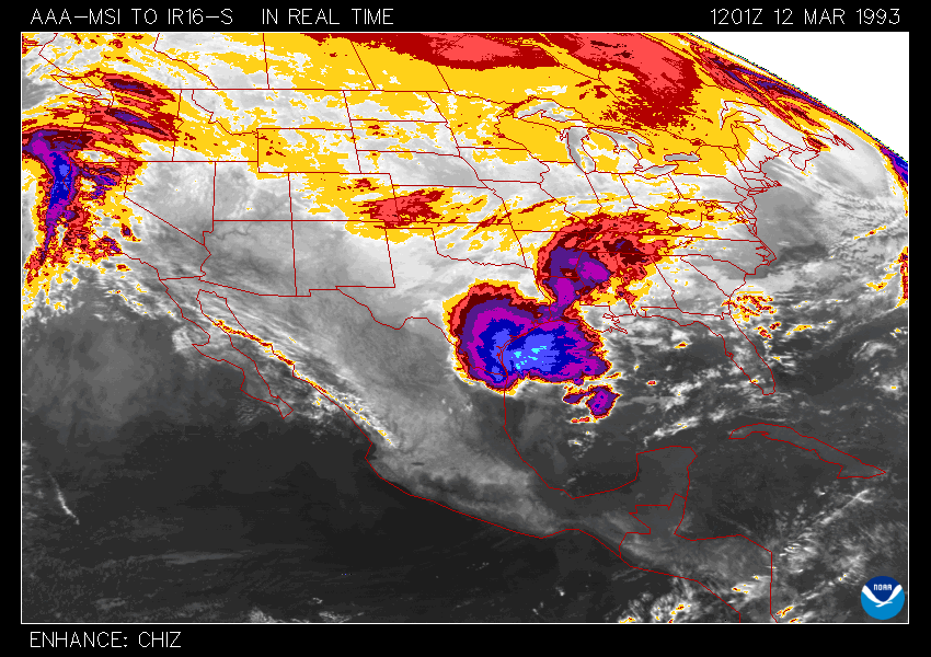 Thirty-eight-hour GOES-7 color-enhanced infrared satellite “ping-pong” animation showing the explosive intensification and extensive reach of the Storm of the Century between March 12–13, 1993.