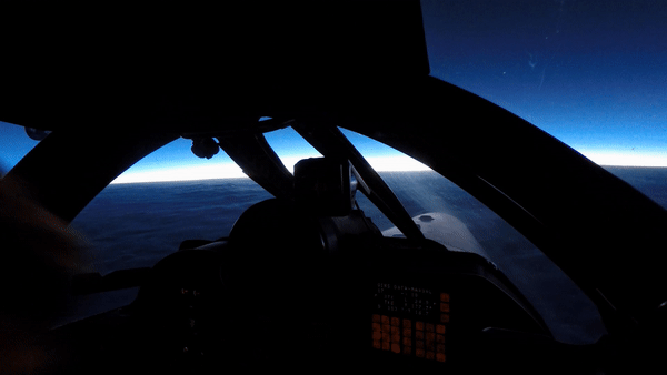 View of skyline from plane cockpit.