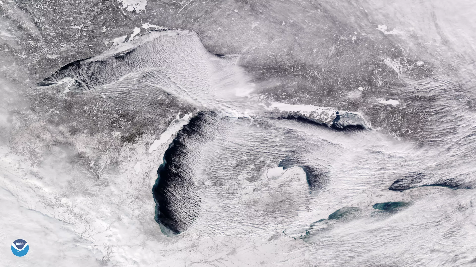 Imagery of Great Lakes via TrueColor, via the NOAA-20 satellite, taken Jan. 2019.