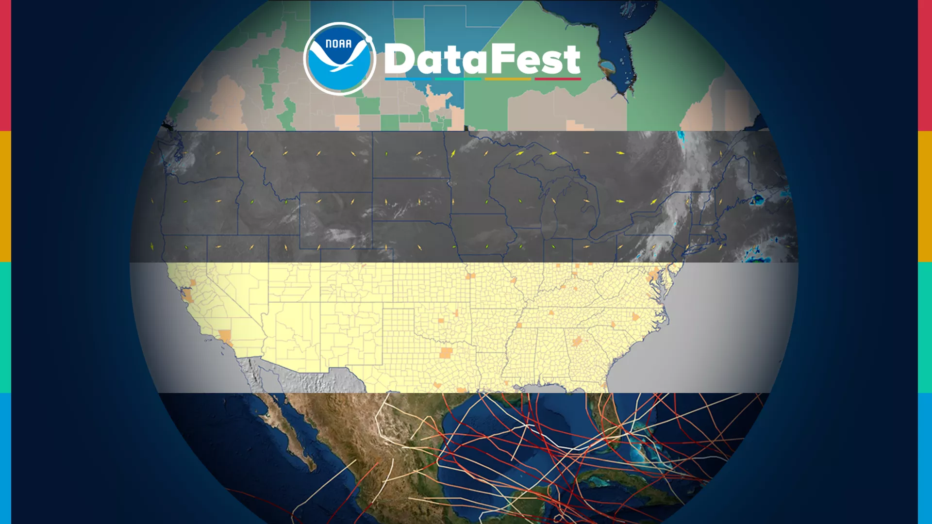 Imagery of maps superimposed upon globe, with Datafest on top.