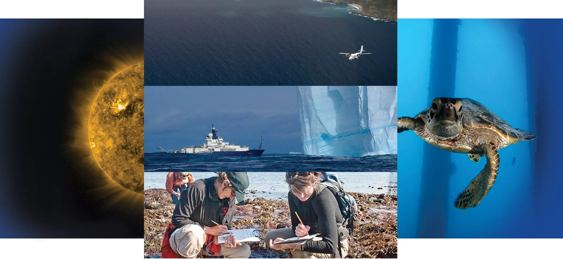 Photo compilation of a satellite view of the sun, a NOAA airplane in flight, and NOAA ship out the sea in the arctic, two women collecting data along a shoreline, and a tortoise swimming underwater.