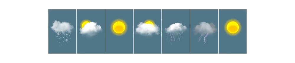 Graphic icons of the sun, clouds, rain, partly cloudy.