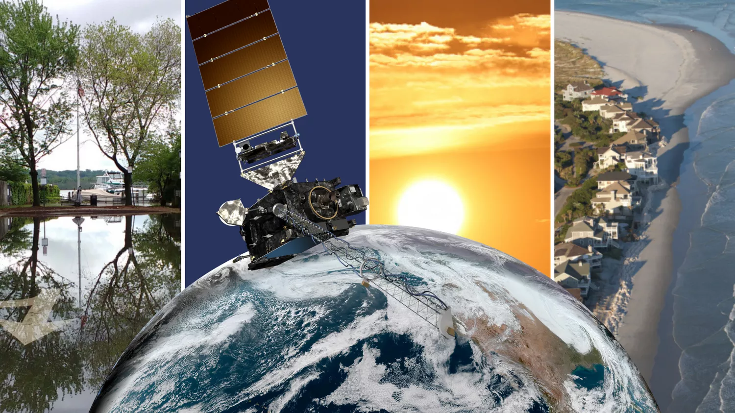 Collage of naissance flooding, GOES-R Series satellite, the sun shining on a hot day and a coastline nearing a row of homes.