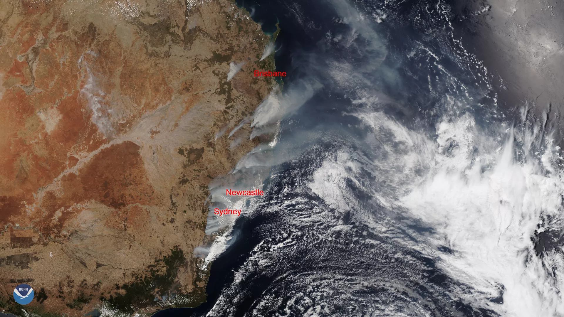 The southeastern states of Australia viewed by the NOAA-20 satellite in Dec. 2019.