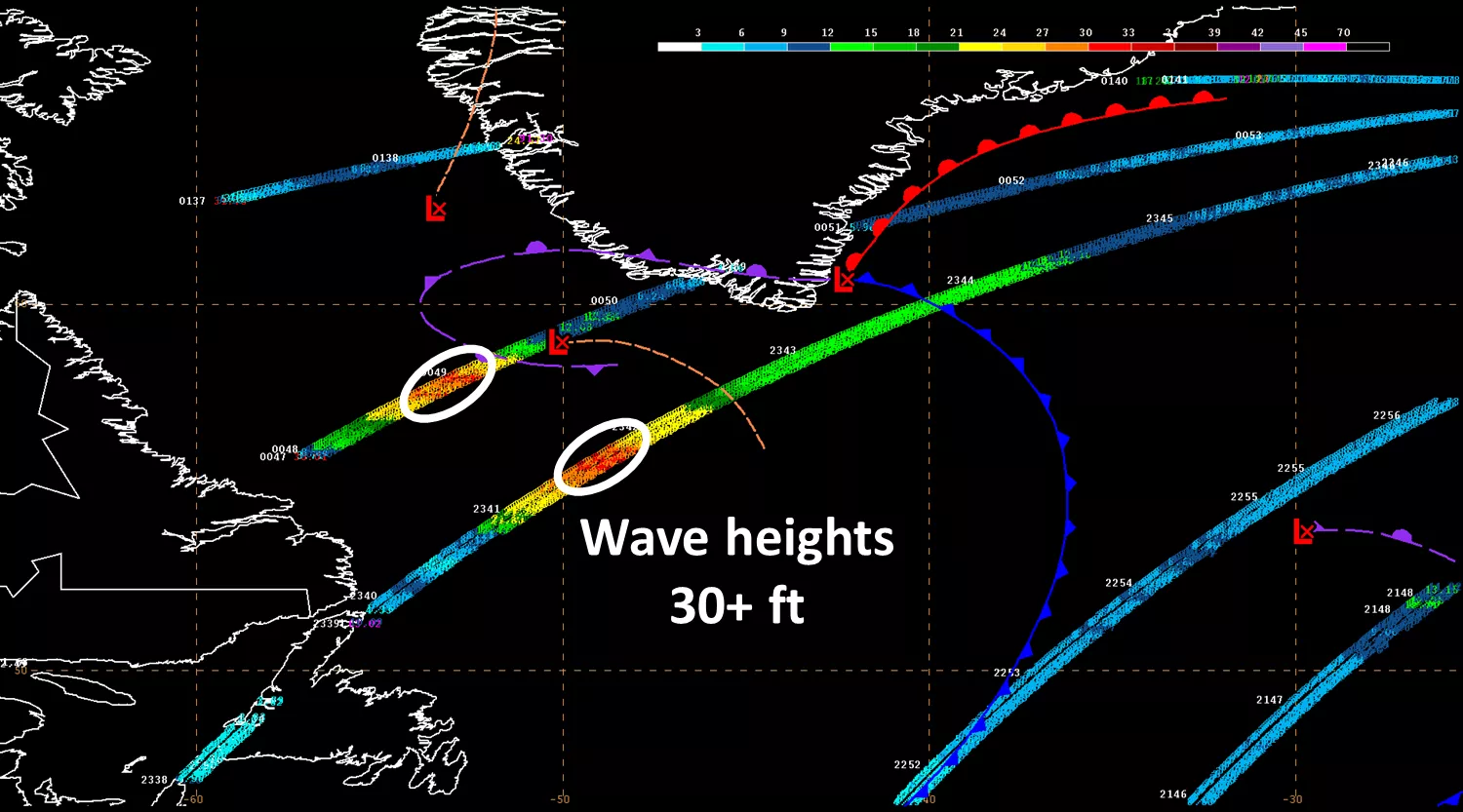 Visualization of wave height measurements, measured at 30+ feet high, from Jason satellites